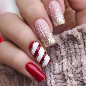 3/$15 Stripe Red White Gold Snowflake Almond Shaped Christmas Holiday Press Nail